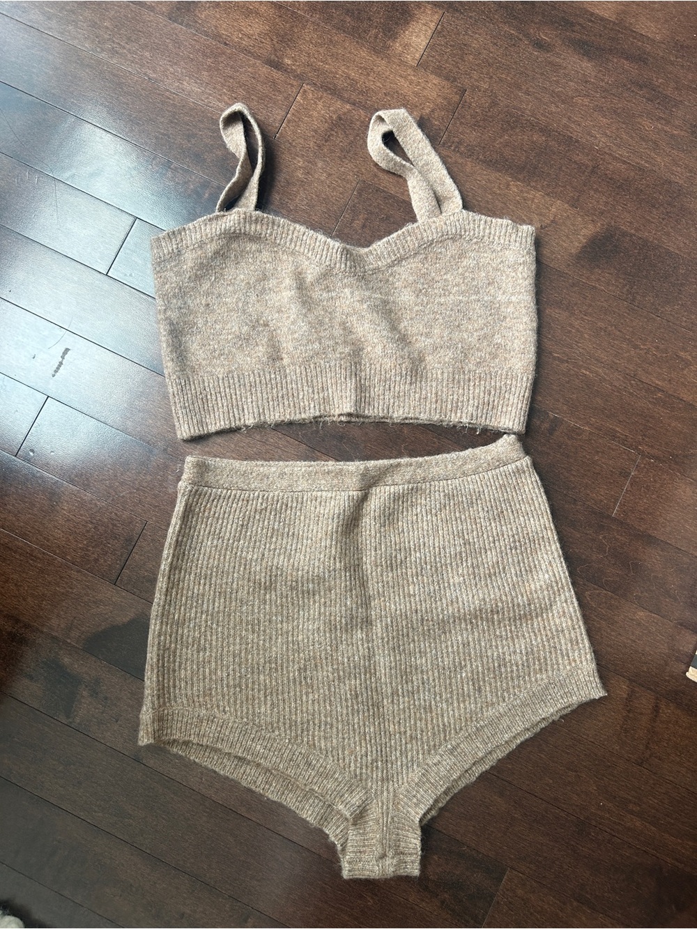 Zara Knit Ribbed Bralette and High-Waist Shorts Set - Beige Taupe